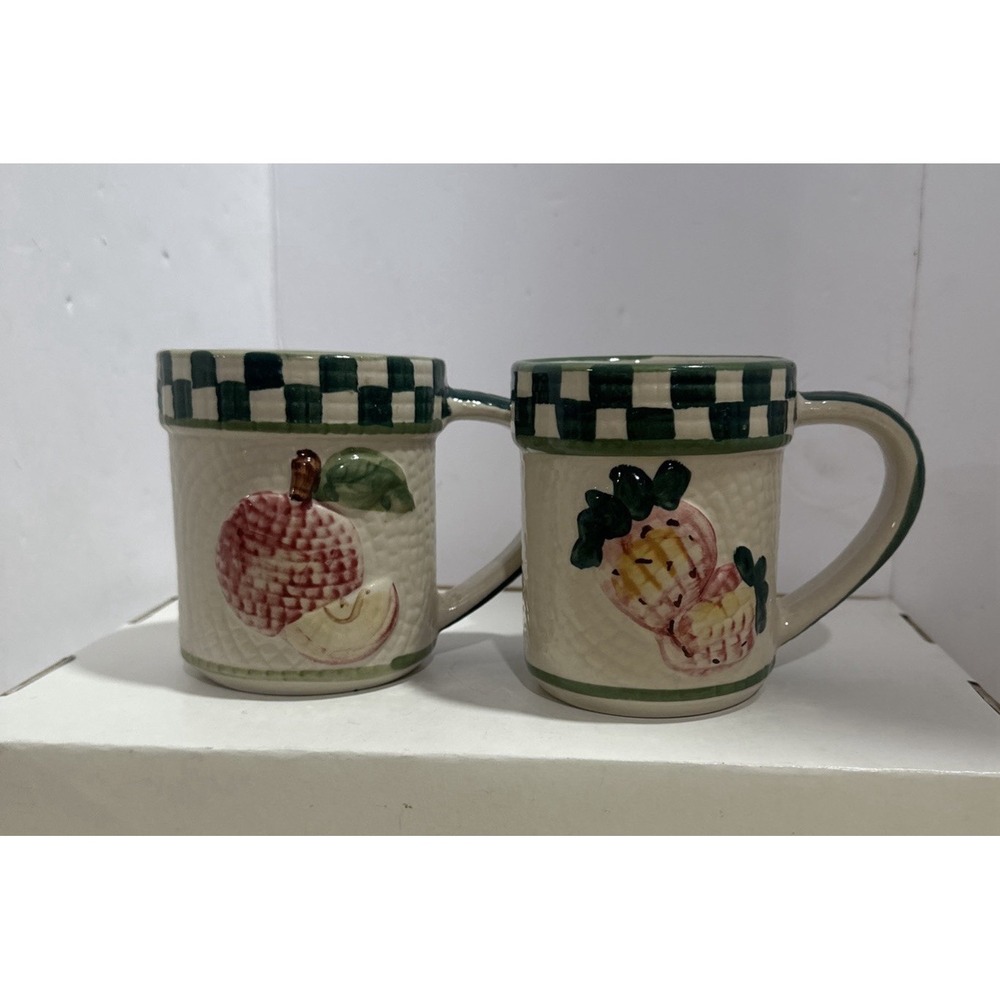 Set of 2 Coffee‎ Cups Mugs White Stoneware Fruit Checkered Nubby Decorated
